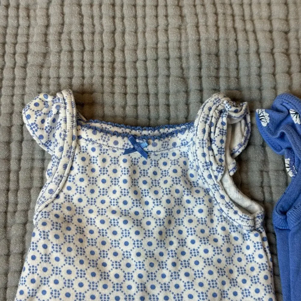 Lot of 2 Carters Onesies Sleeveless Ruffle Rompers Blue Floral Baby Girl Newborn